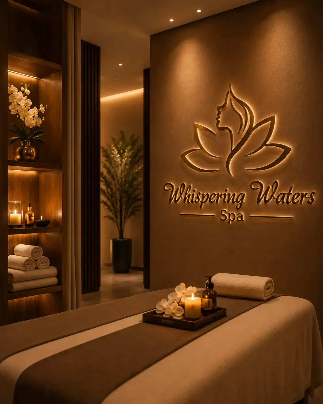A candlelit couple's suite at Whispering Waters Spa with jacuzzi and rose petals